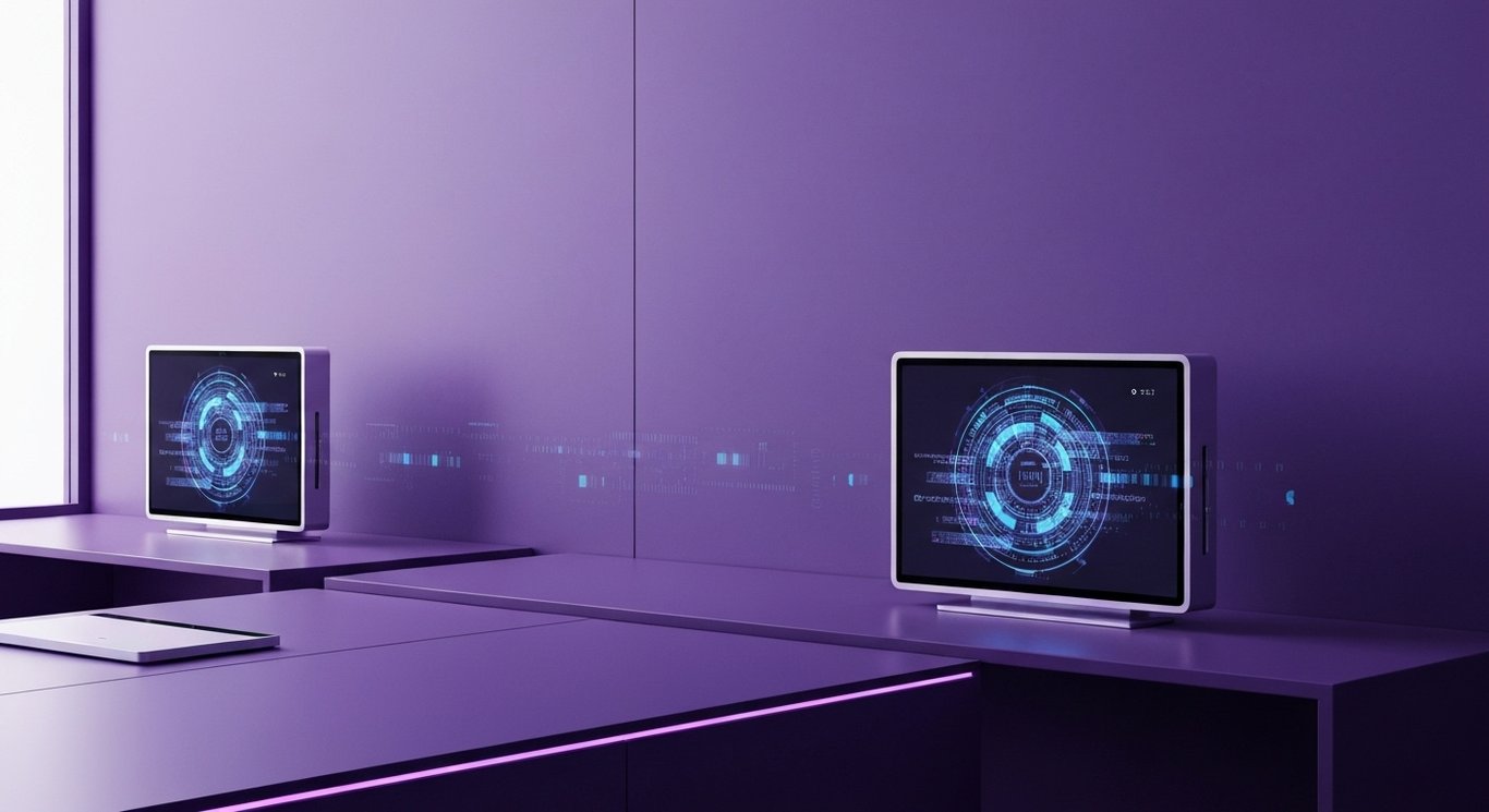 Entertainment devices with interactive screens in a futuristic workspace with purple accents
