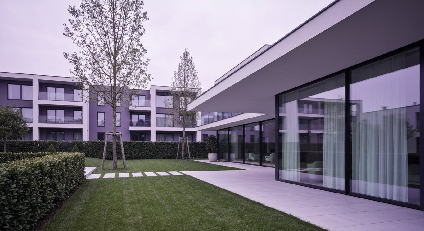 Luxury home with modern design set amid landscaped grounds and multifamily residences in the background