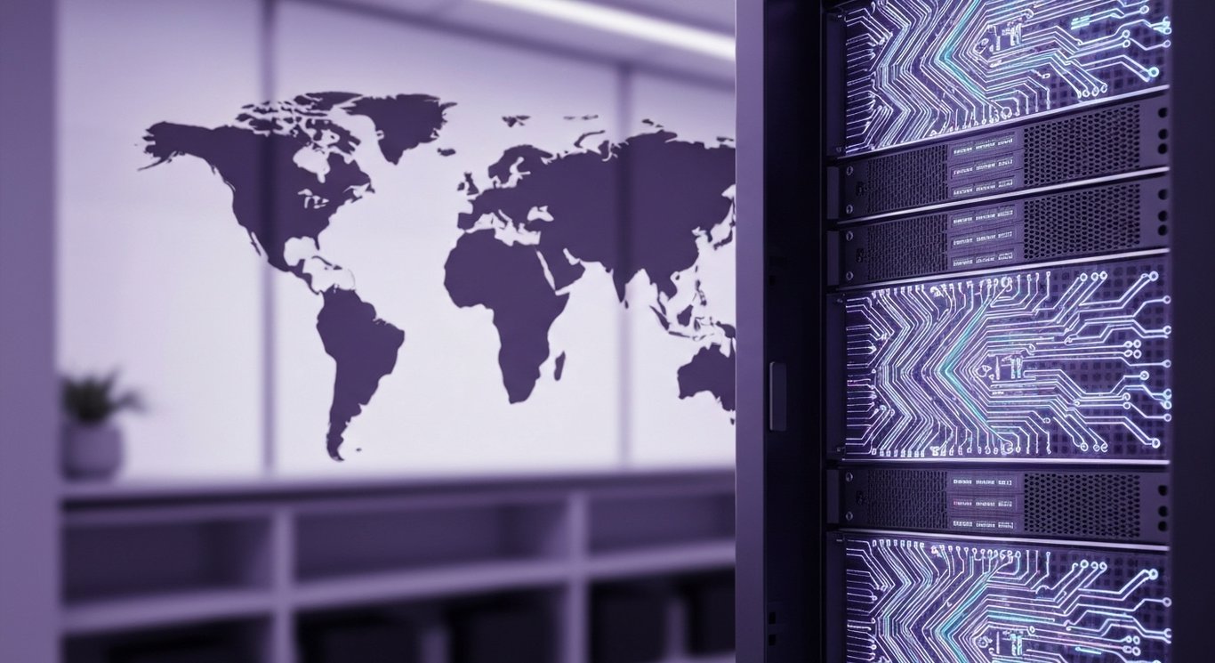 Modern server rack with glowing AI circuits in a sleek office with a subtle purple world map backdrop