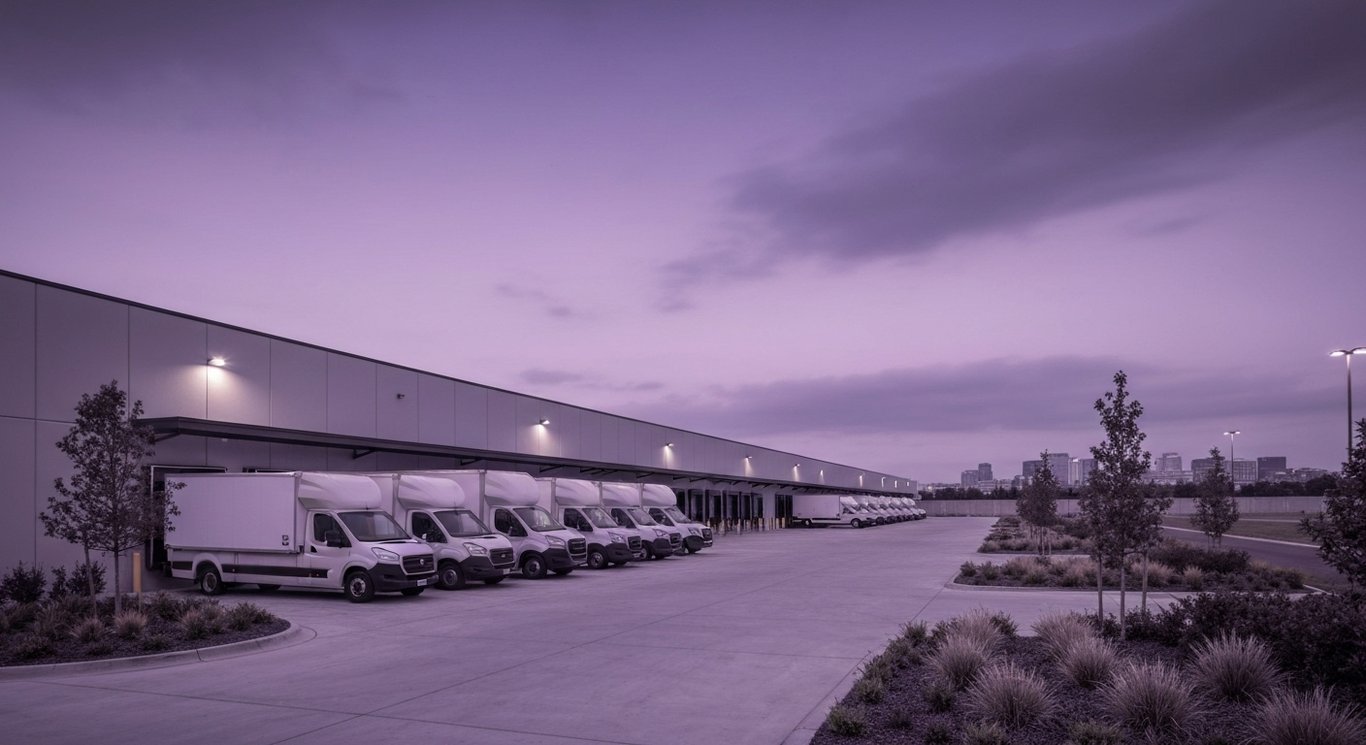 Modern warehouse facility with moving vans and city skyline at twilight under a purple-toned sky