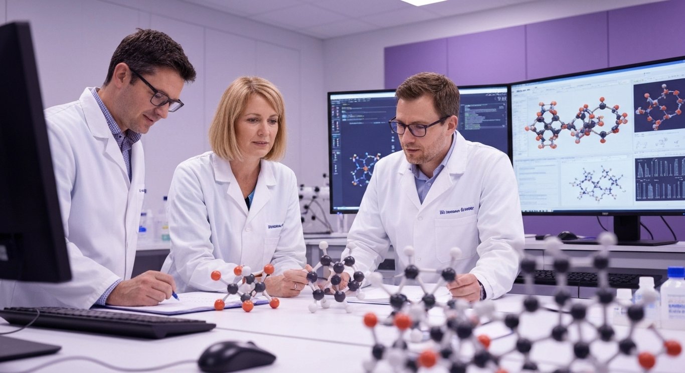 Scientists in lab coats examine molecular models in a modern lab with digital screens and a purple-toned background