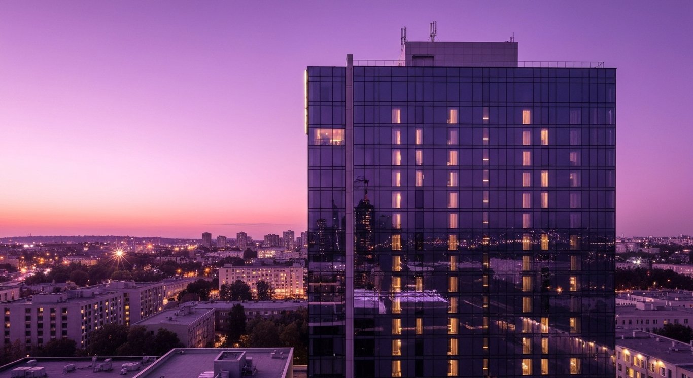 Modern hotel building at sunset with a softly lit city skyline in the background