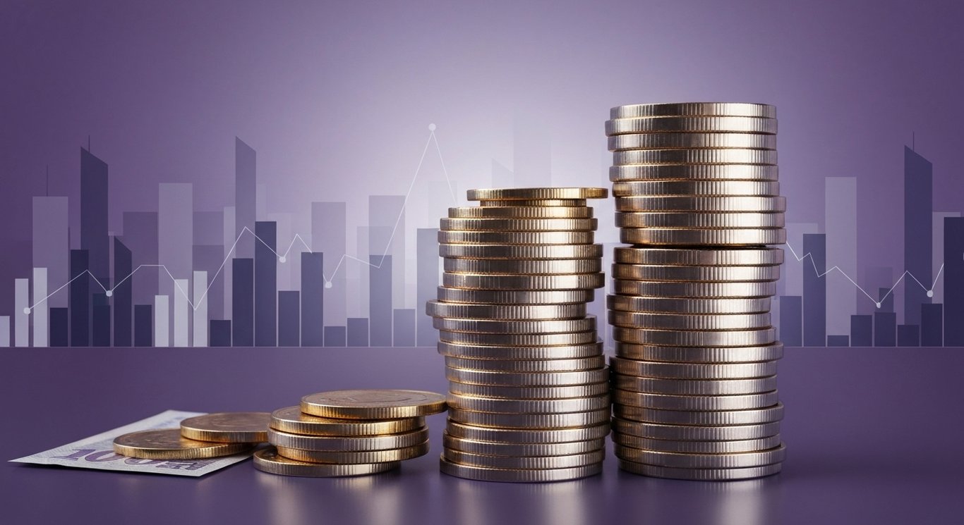 Stack of gold coins and bills in front of an abstract purple cityscape with faint financial graphs