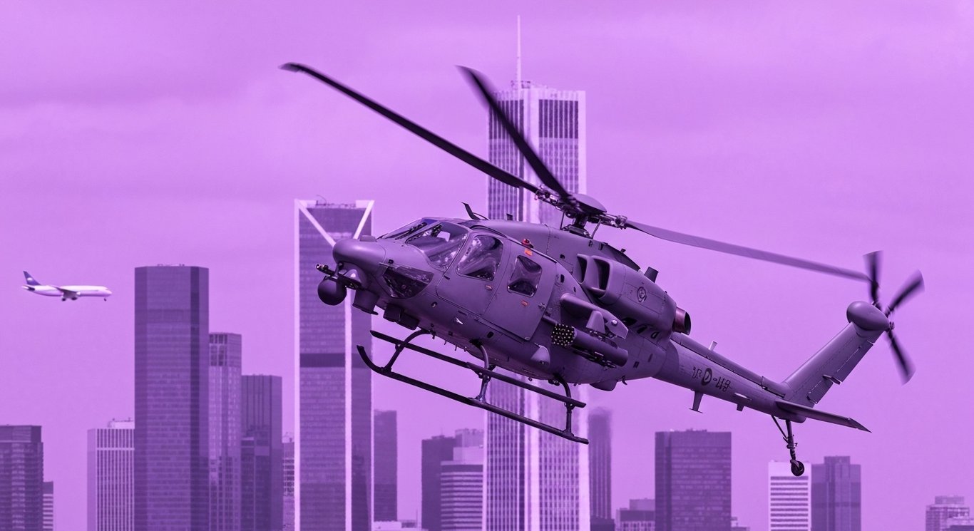 Modern military helicopter flying near a city skyline with commercial planes in the background
