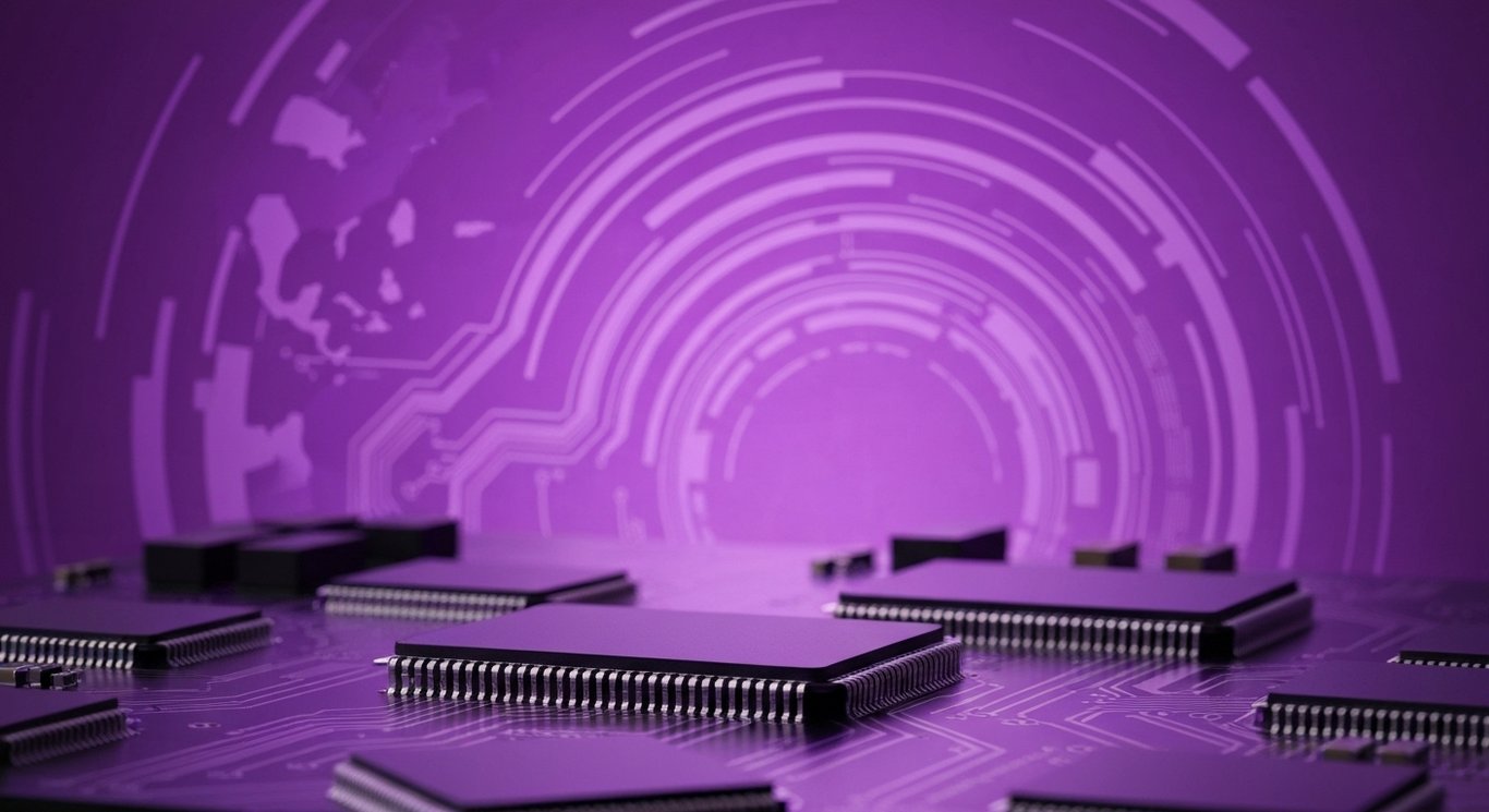High-tech microchips on a circuit board with an abstract purple background