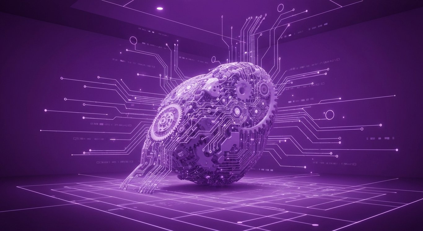 Abstract intelligent machine amidst glowing digital data streams in a futuristic workspace with purple lighting