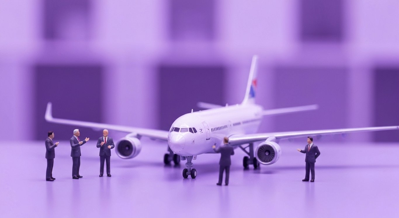 Airliner model with business figures in discussion, set against a blurred office background with purple hues