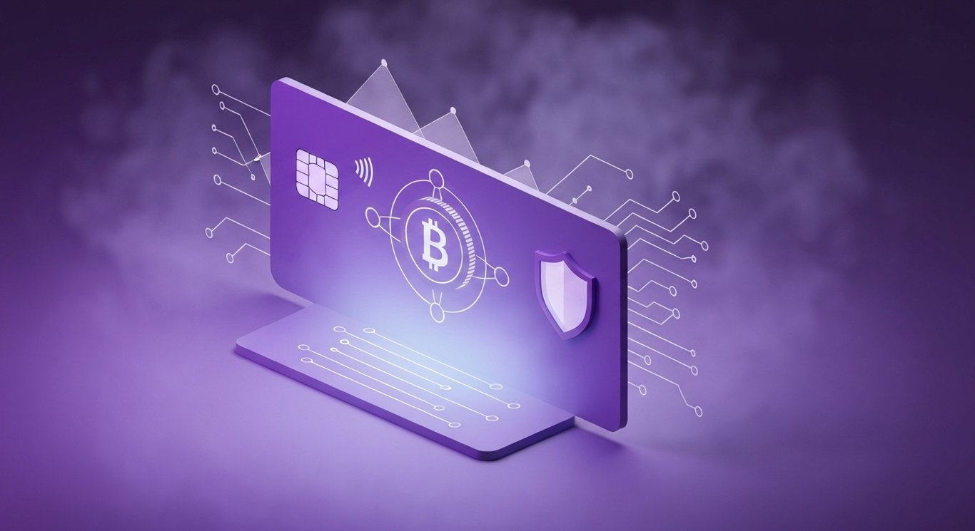 Credit card with glowing chip, shield, and coin nodes against a purple network and circuit background