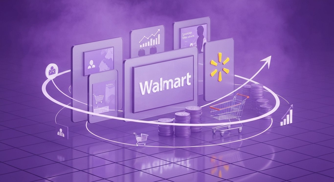 Walmart retail media ad revenue surge, shifting demographics, high margins, investor interest, purple minimalist visual
