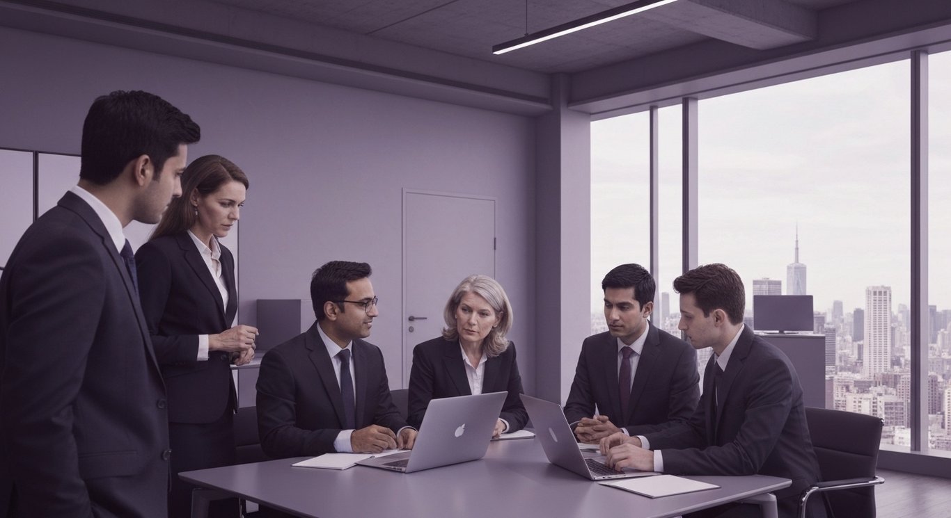 Business people in suits discuss around a table in a modern office with city skyline and a purple theme