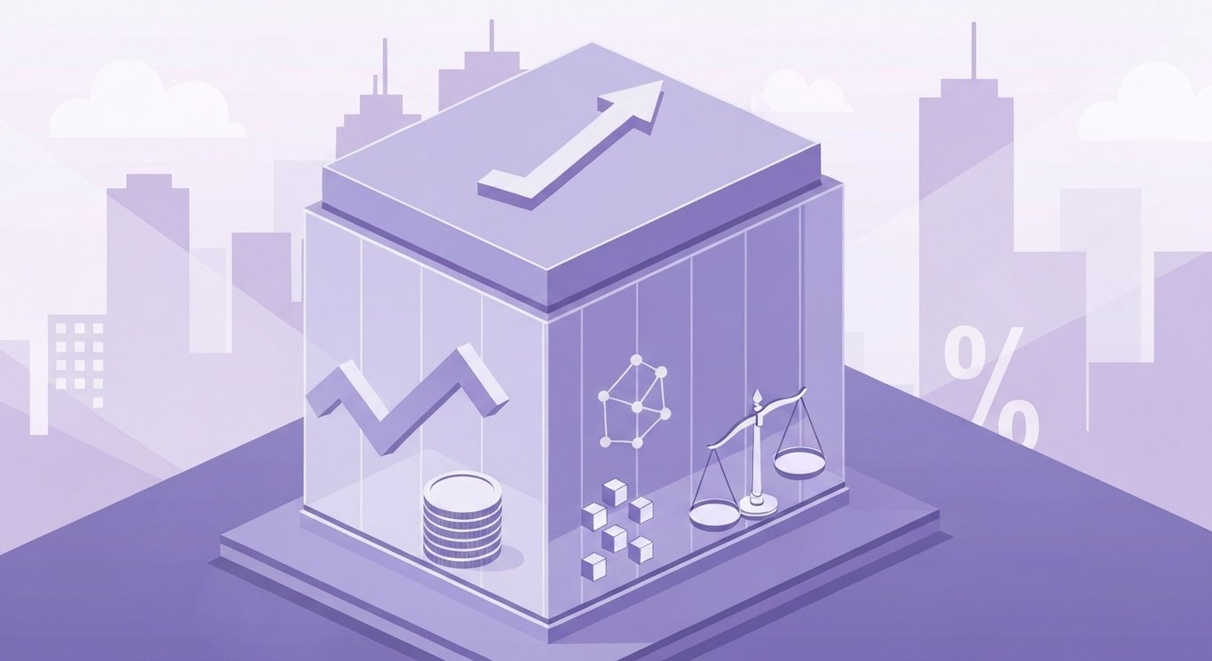 Abstract glass bank building with upward arrow, coin stack, blockchain nodes and balanced scales before a soft city skyline