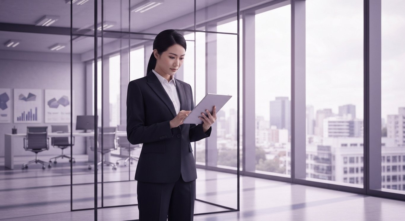 Businesswoman analyzing digital financial charts in a modern office with a purple-themed city view