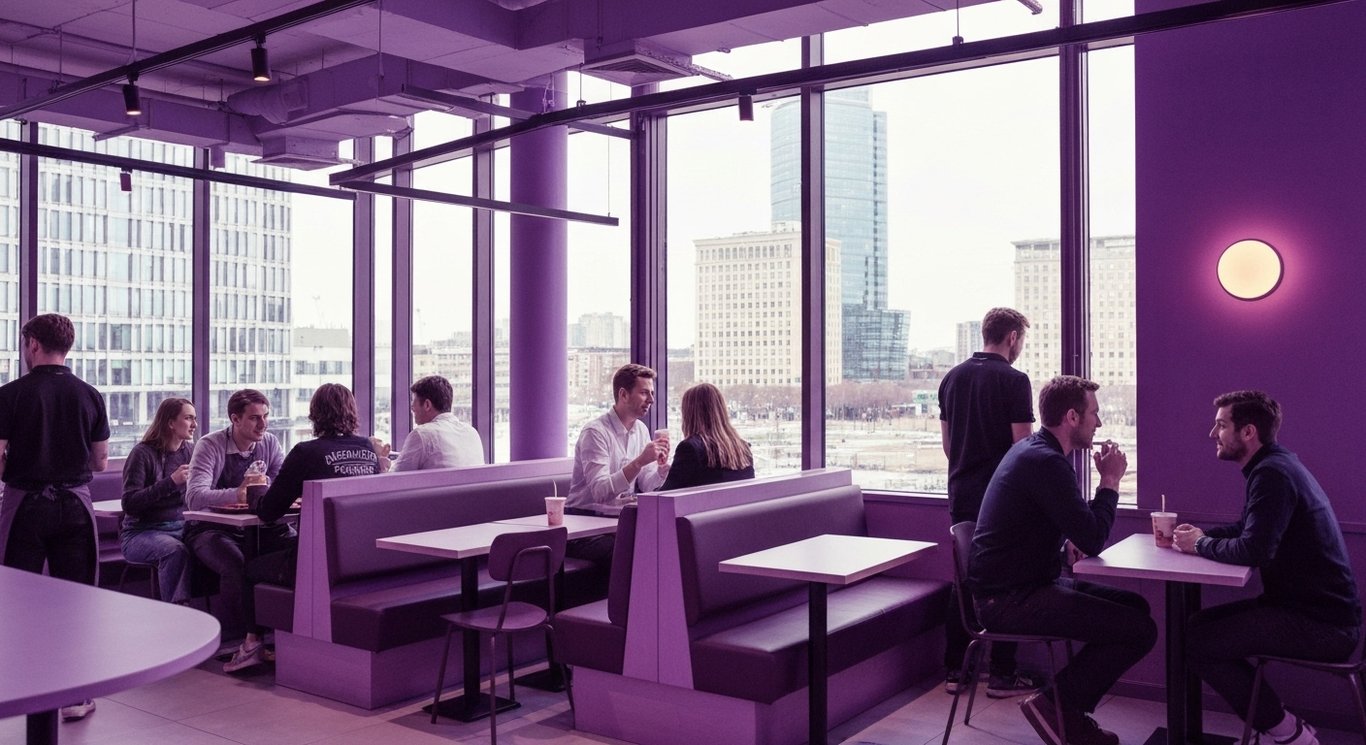Fast-food restaurant interior with people eating and staff serving, cityscape visible through windows