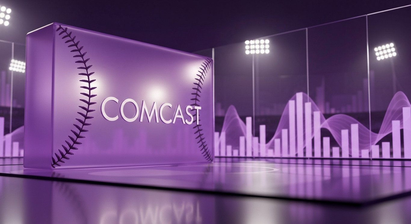 Comcast sports rights strategy with Peacock streaming and MLB themes, purple finance cues for cash flow and valuation focus