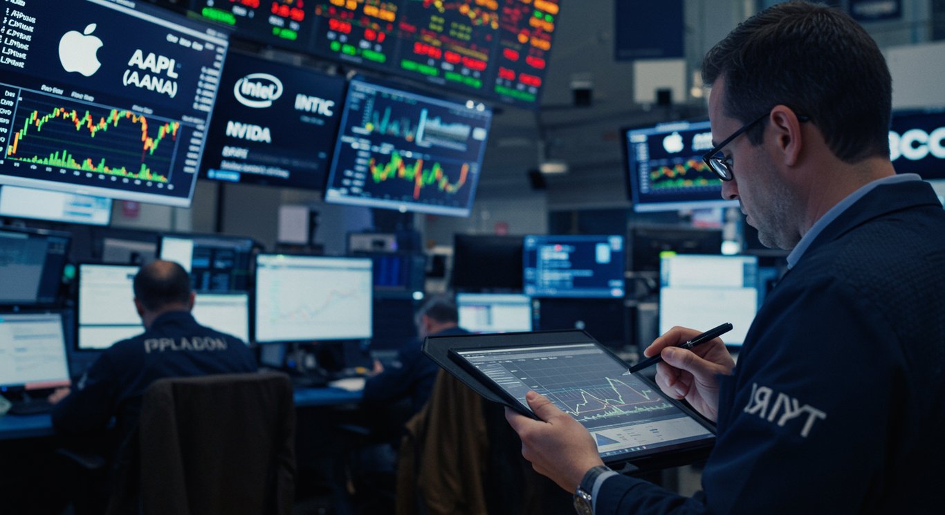 Stock market scene with technology company tickers, representing gains and losses in the tech sector.