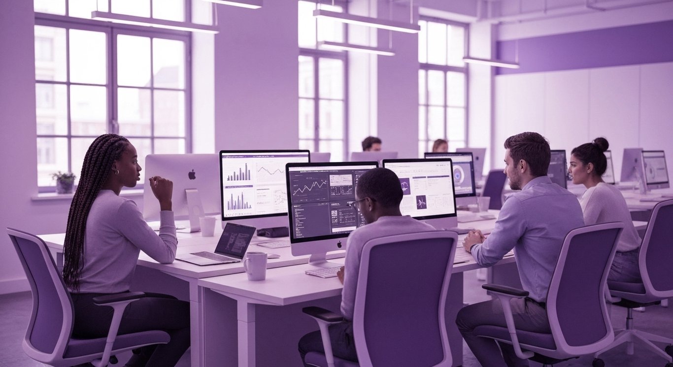 Young adults work together at computers in a modern, softly lit workspace with purple accents