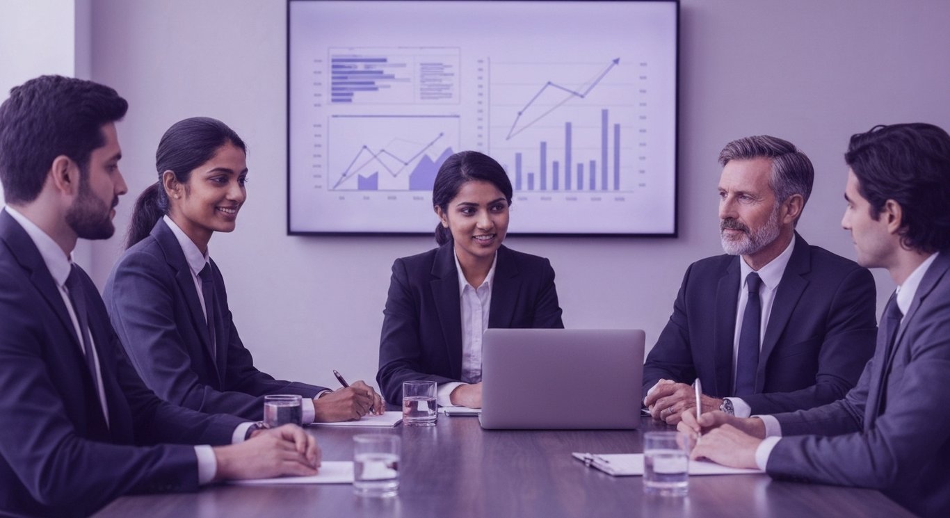 Business professionals meeting at a conference table with digital financial charts in the background