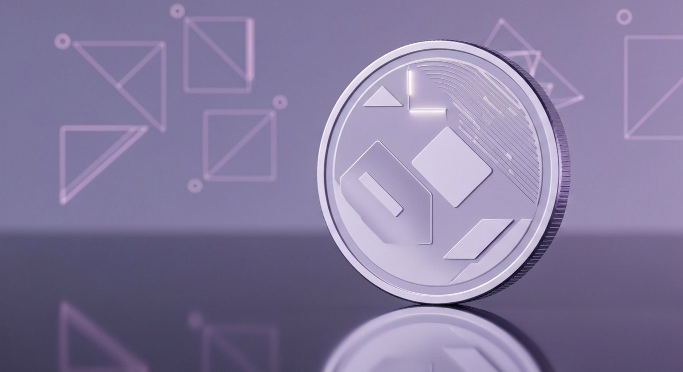 Digital coin on reflective surface with abstract technology symbols and a minimalist purple theme