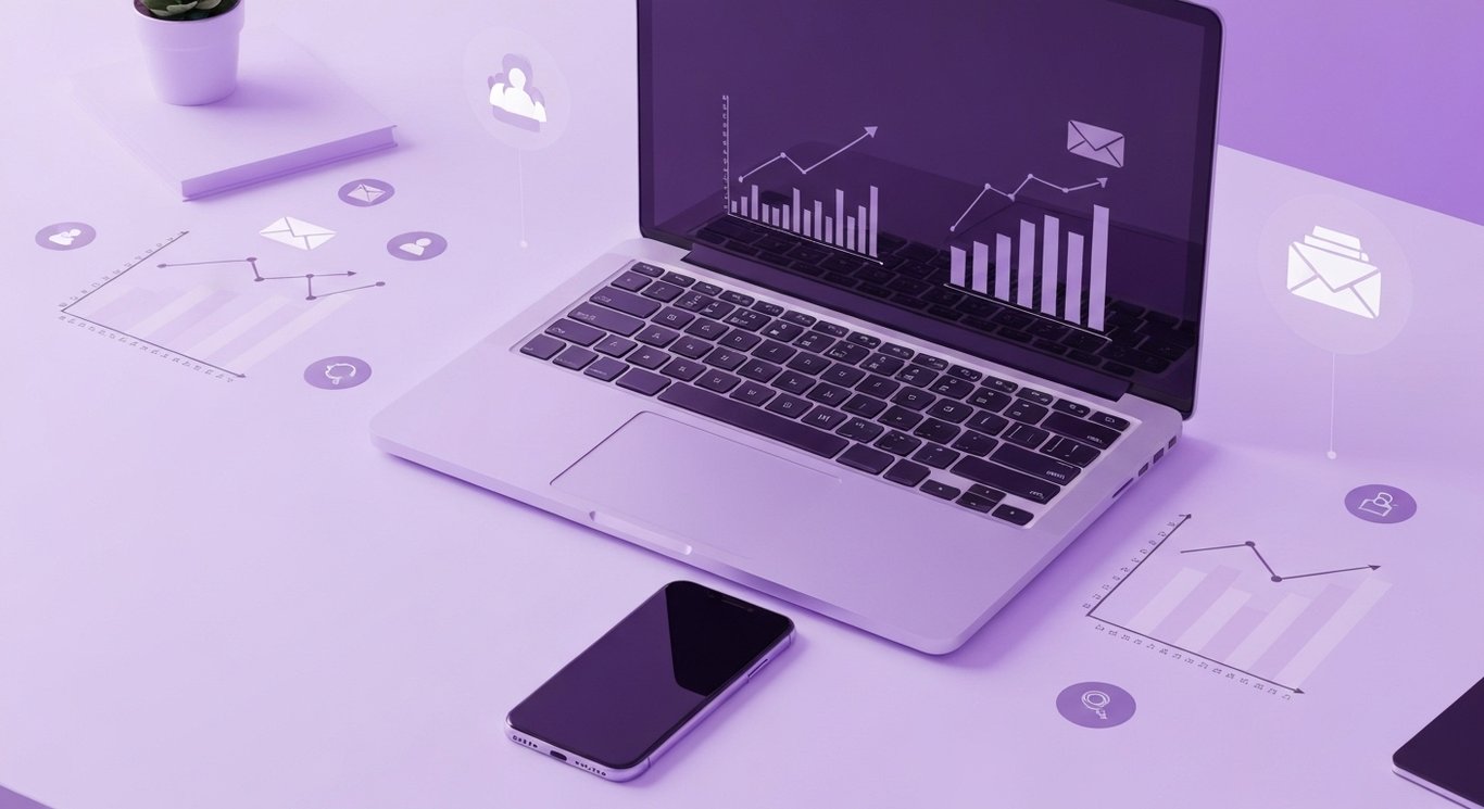 Modern laptop and smartphone on a desk with digital marketing icons and soft purple lighting