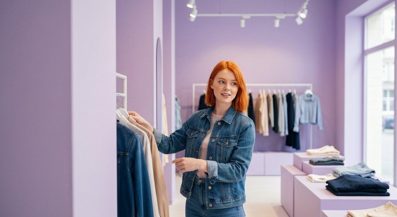 Woman shopping for clothes in a modern retail store with muted purple lighting