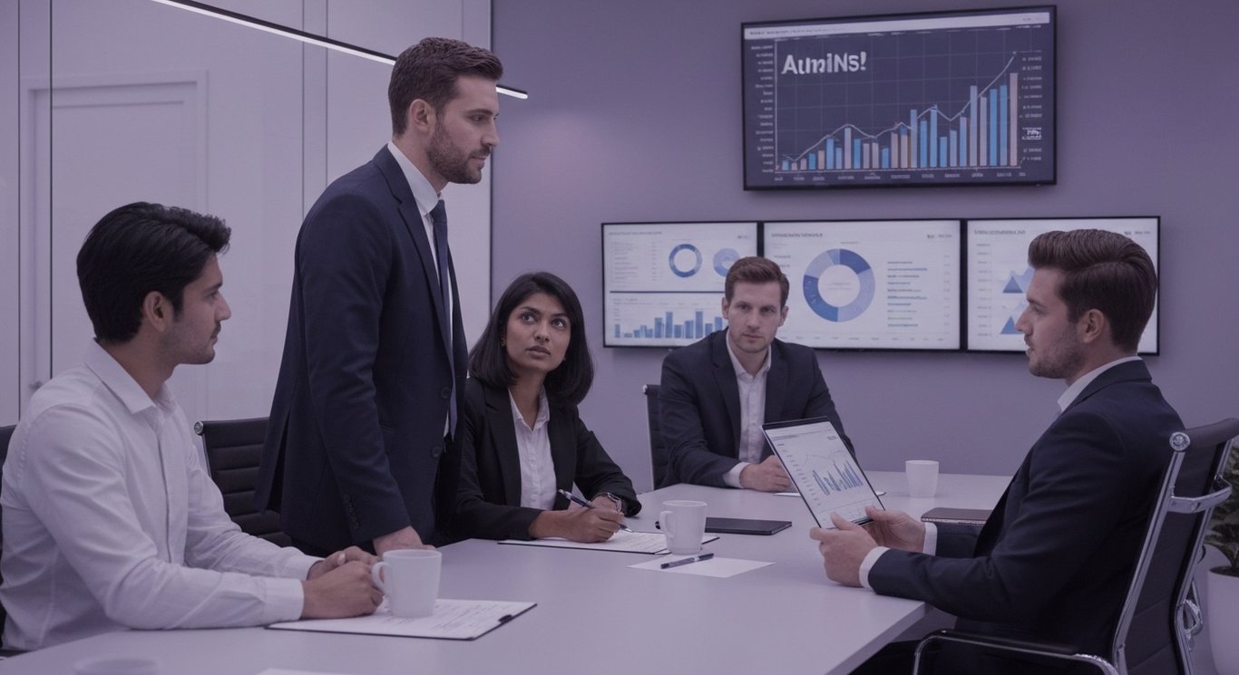 Business professionals in a modern office analyze digital market charts on large screens