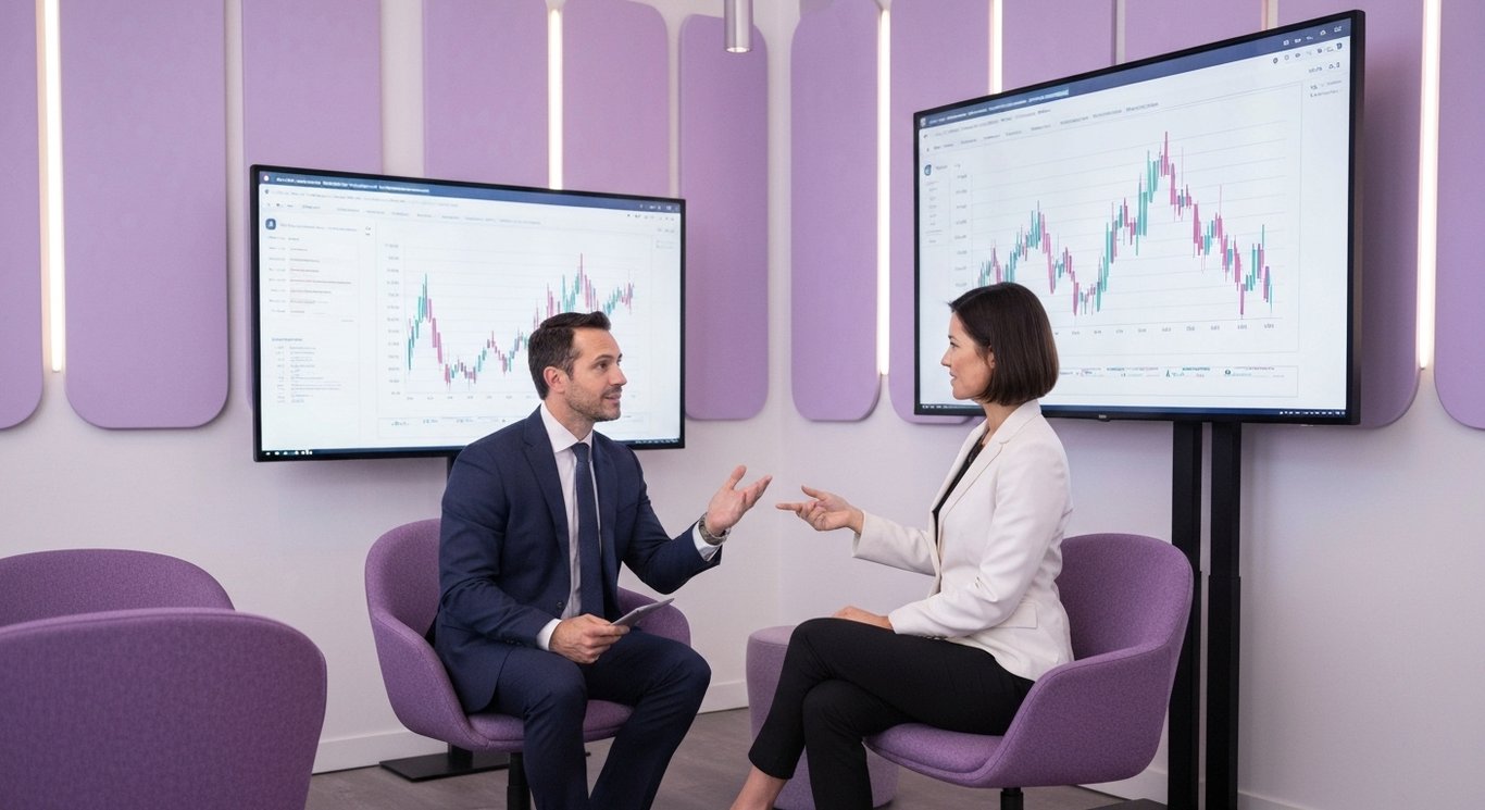 Two business professionals review financial data in a modern purple-accented office