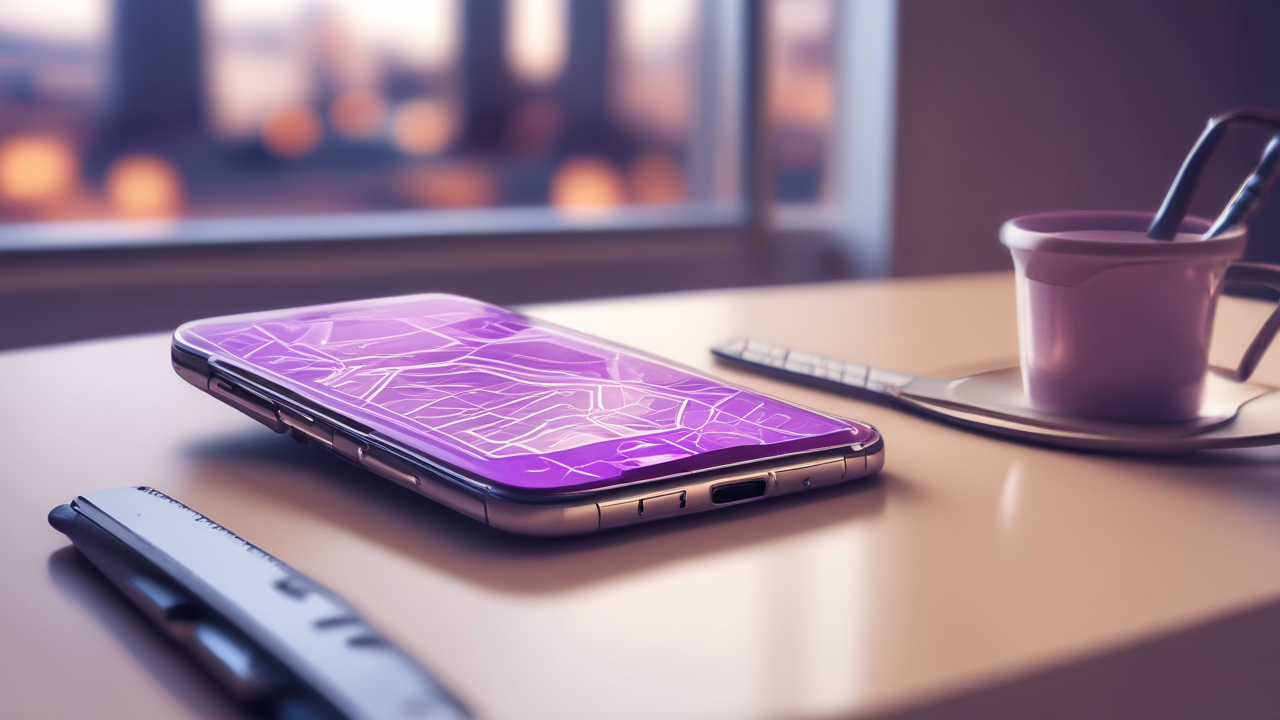 Modern smartphone on a sleek desk, with soft purple lighting and abstract global map in the background