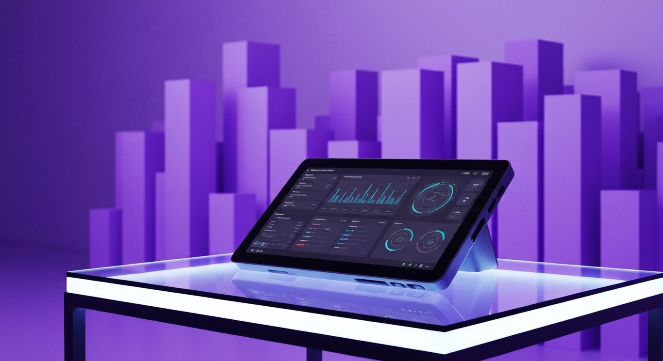 Modern cybersecurity device on glass table overlooking an abstract purple cityscape