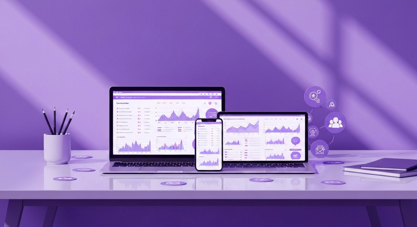 Laptop and smartphone on a sleek desk with digital marketing icons and a purple abstract background