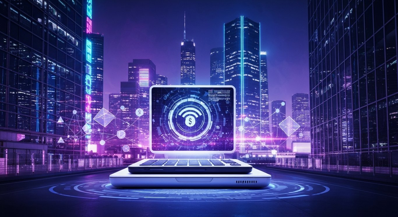 Abstract financial technology device with digital payment symbols against a modern purple cityscape