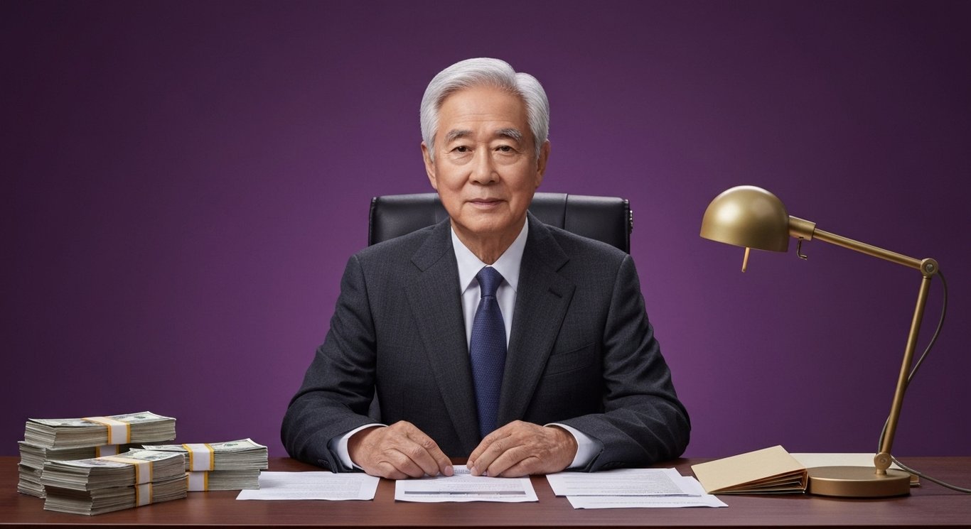 Elderly businessman at a desk with cash stacks and financial papers on a purple background