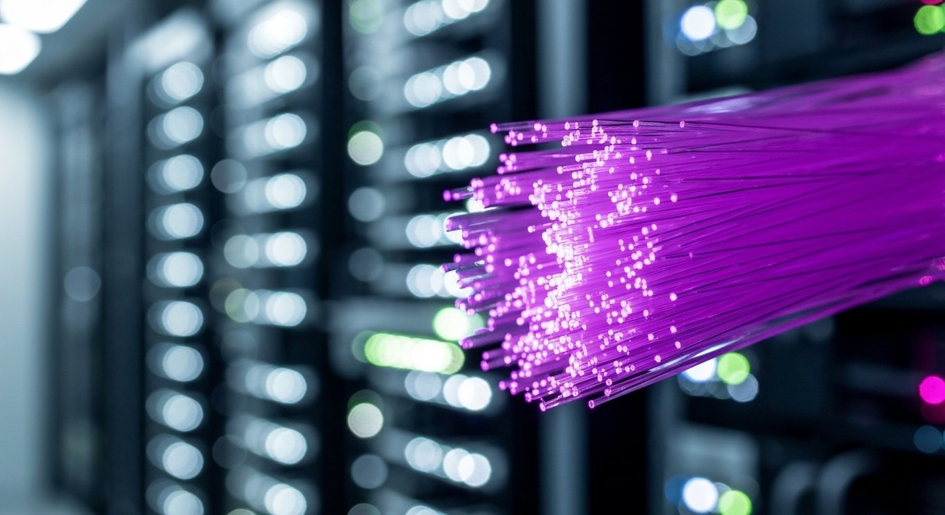 Glass fiber optic cables glowing with purple light in a server room