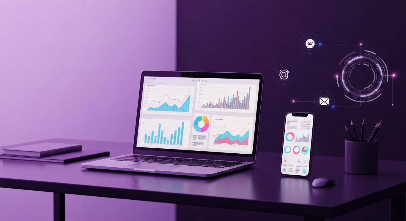 Modern laptop and smartphone showing analytic charts on a sleek desk with a purple-toned digital background