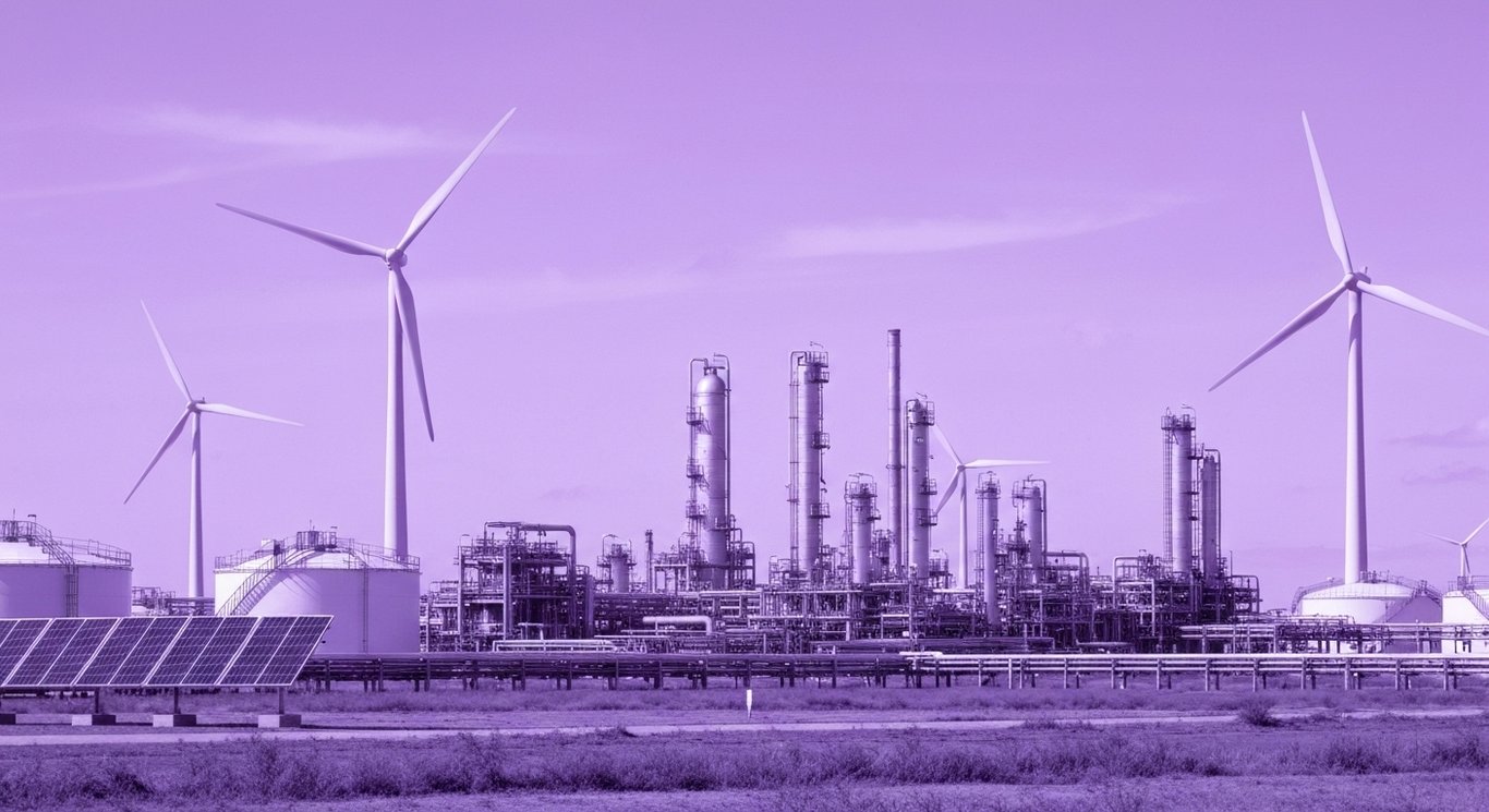 Industrial refinery complex with pipelines and tanks, wind turbines and solar panels in the background