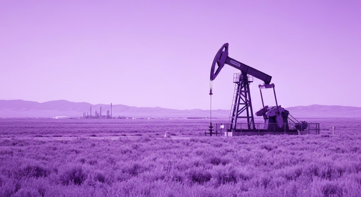Oil pumpjack in a wide open field with distant refinery and mountains under a purple-toned sky