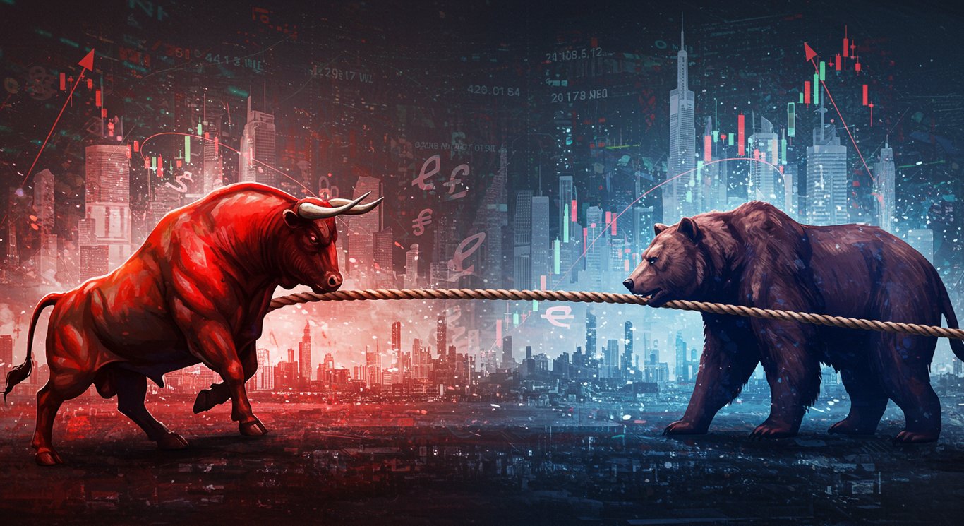 Digital art depicting a tug-of-war between a bull and a bear amidst a volatile stock market cityscape.