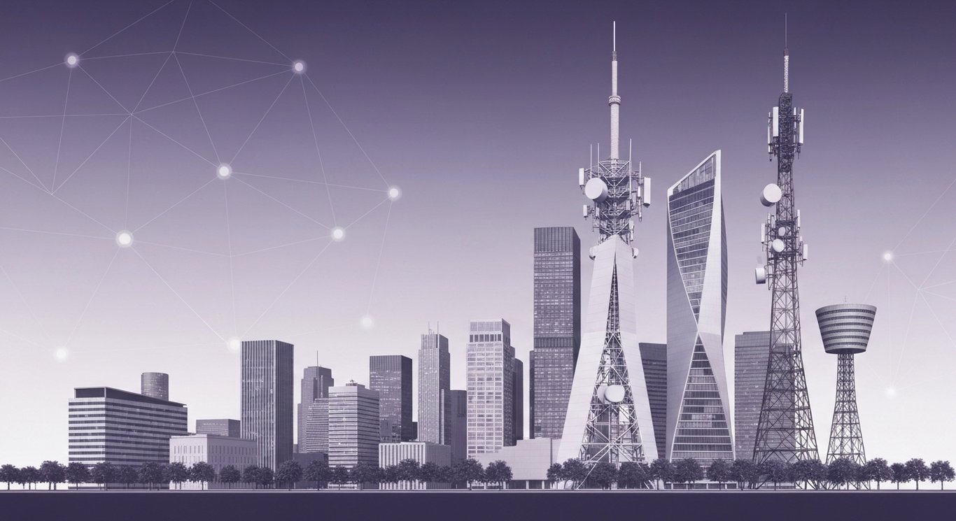 Group of communication towers rising before a city skyline with soft purple network waves in the background