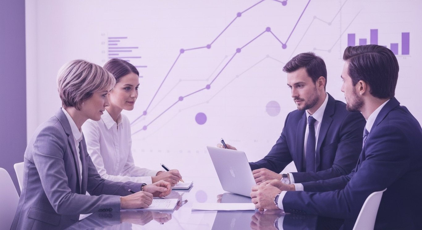 Business professionals meeting at a glass table with abstract purple graphs in background