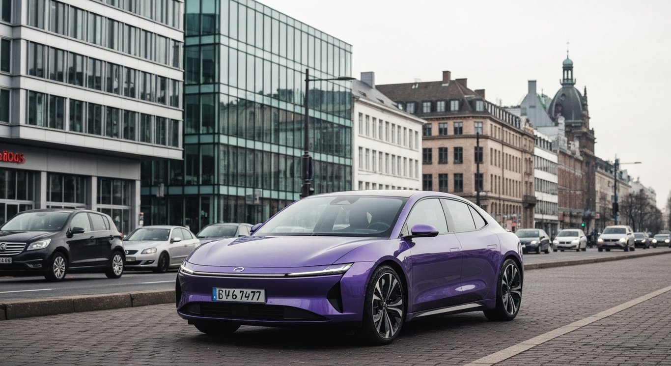 Electric car parked in a modern European city with several other vehicles nearby