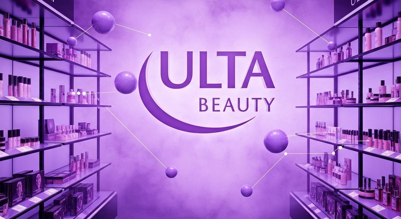 Logo in frosted glass amid cosmetics shelves, branching paths, and merging orbs symbolizing acquisition and strategic shift