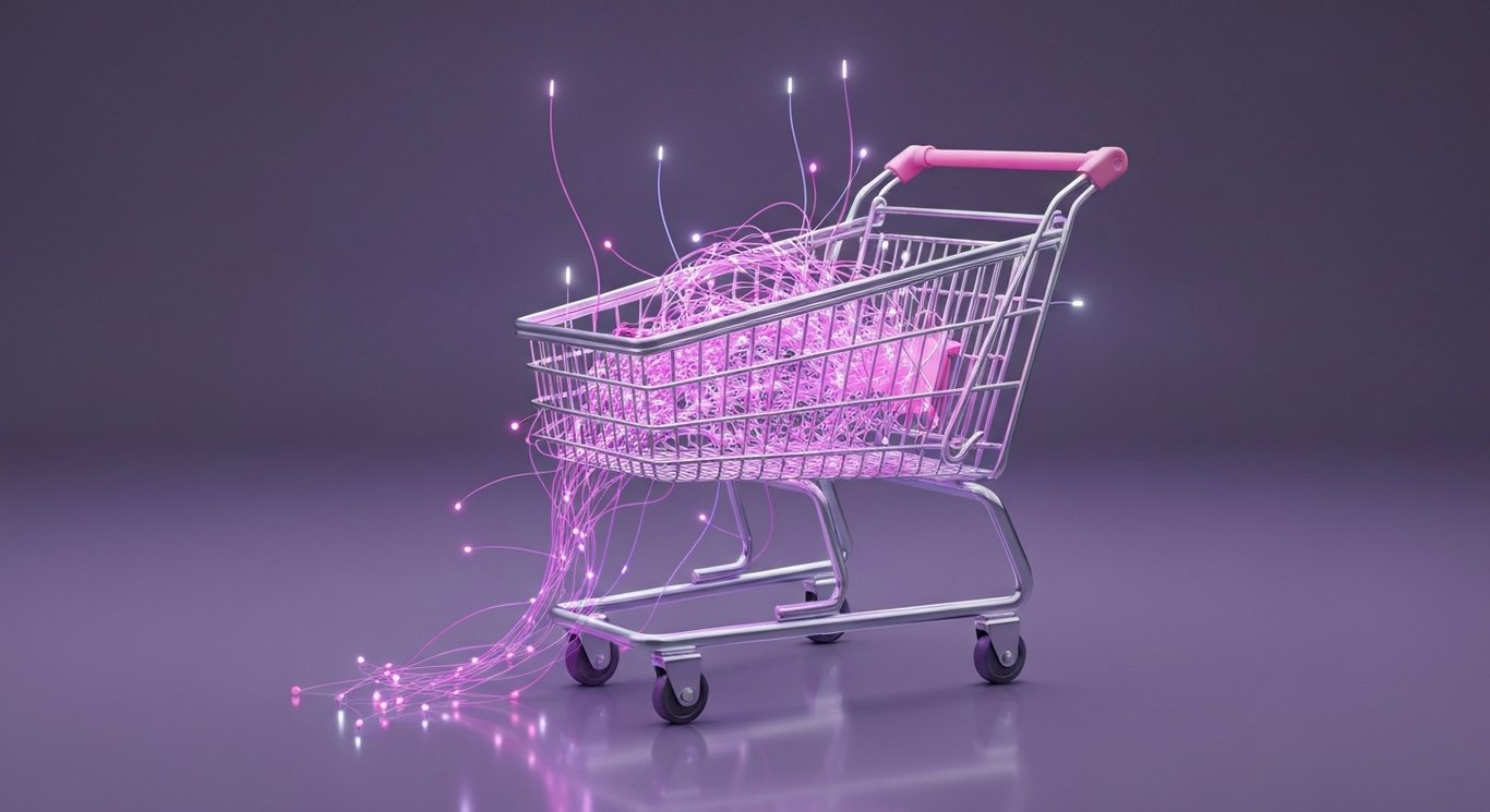 Shopping cart wrapped in glowing neural strands on reflective surface with purple gradient and faint light trails