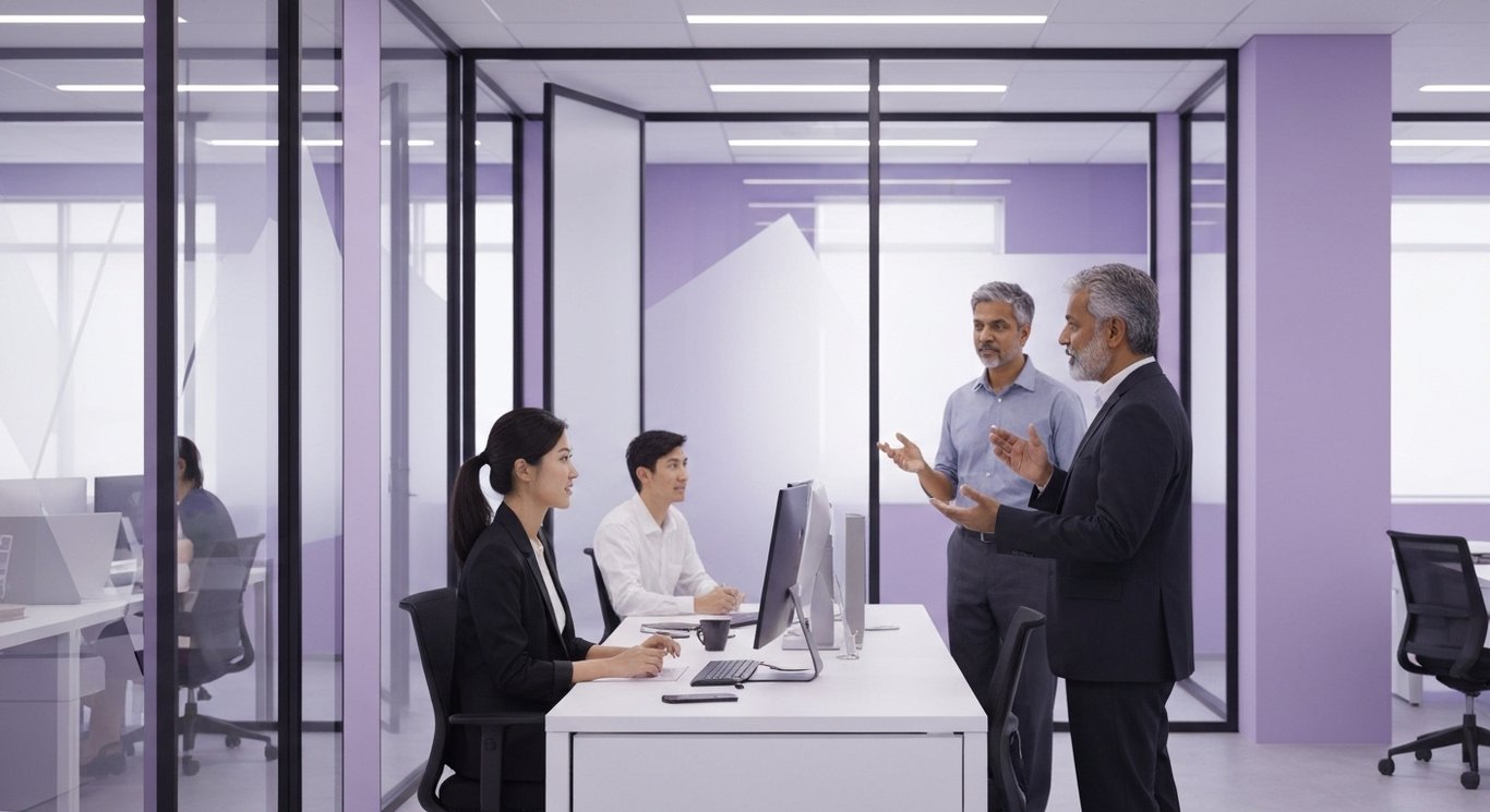 Corporate office workspace with professionals discussing advanced technology in a modern setting