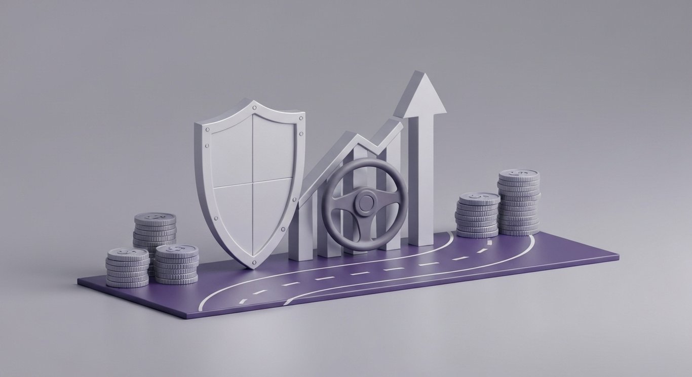 Shield with upward arrow and steering wheel amid cyclical waves, coin stacks, and a winding road