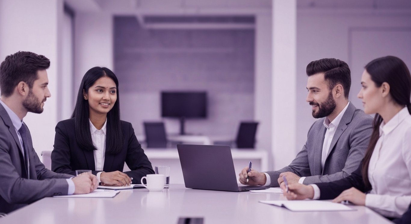 Business professionals meeting at a modern conference table with a soft purple background
