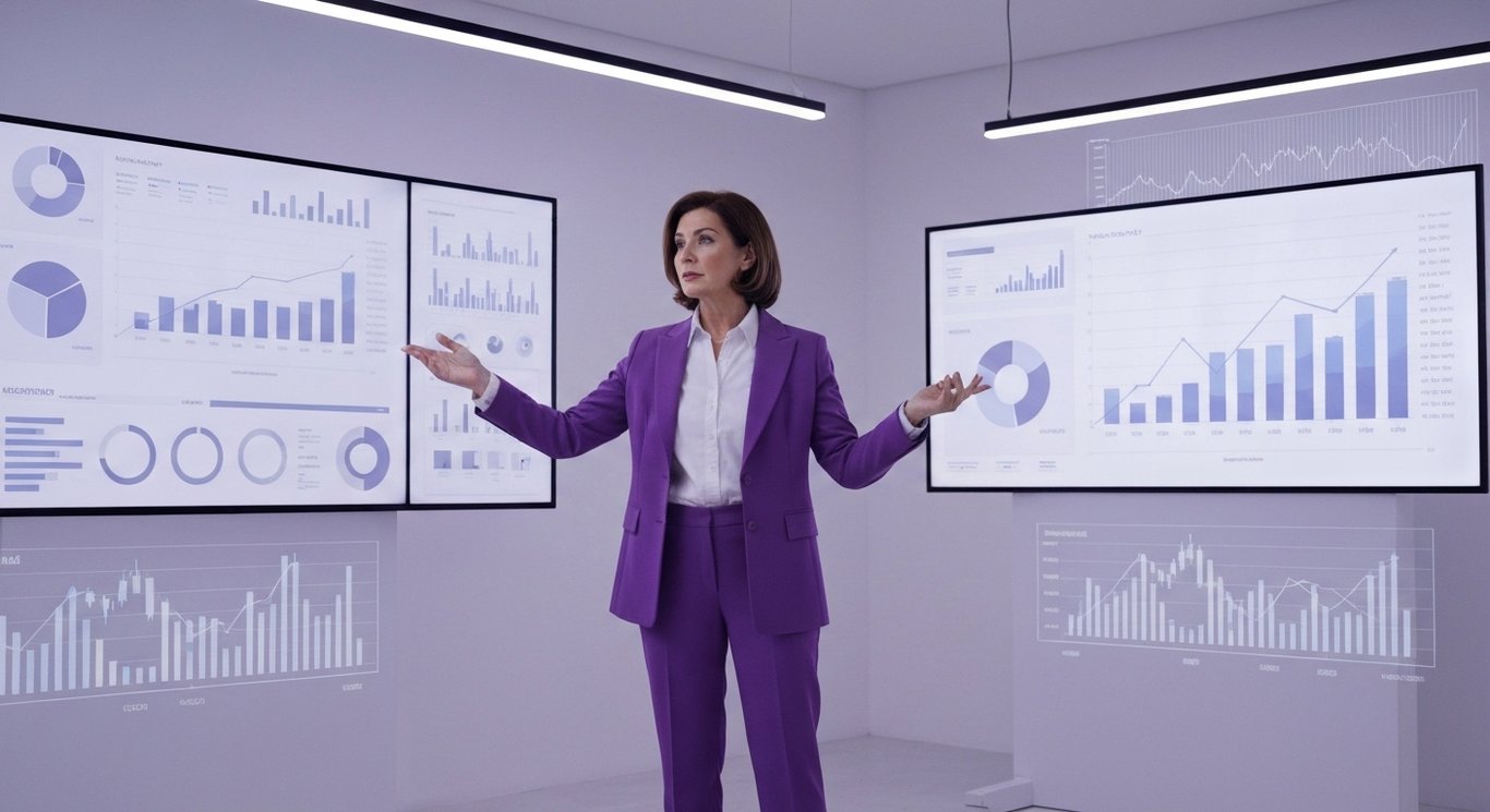 Businesswoman stands in modern office with financial charts and digital screens in the background