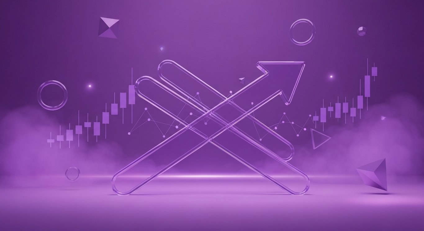 Financial market trends visualization with purple arrows, line graphs, and investment analytics symbols