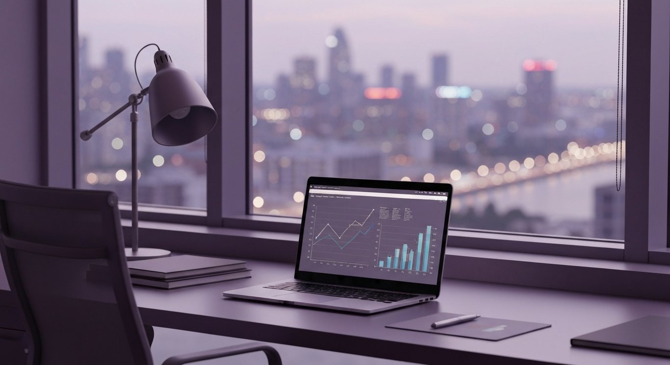 Modern workstation with open laptop and digital graphs, cityscape visible through purple-tinted window