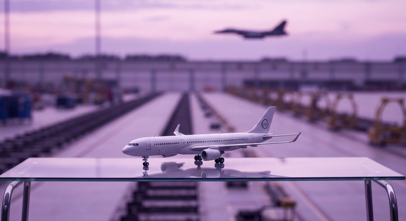 Passenger jet model on glass desk overlooking factory floor with blurred assembly line and a distant fighter silhouette
