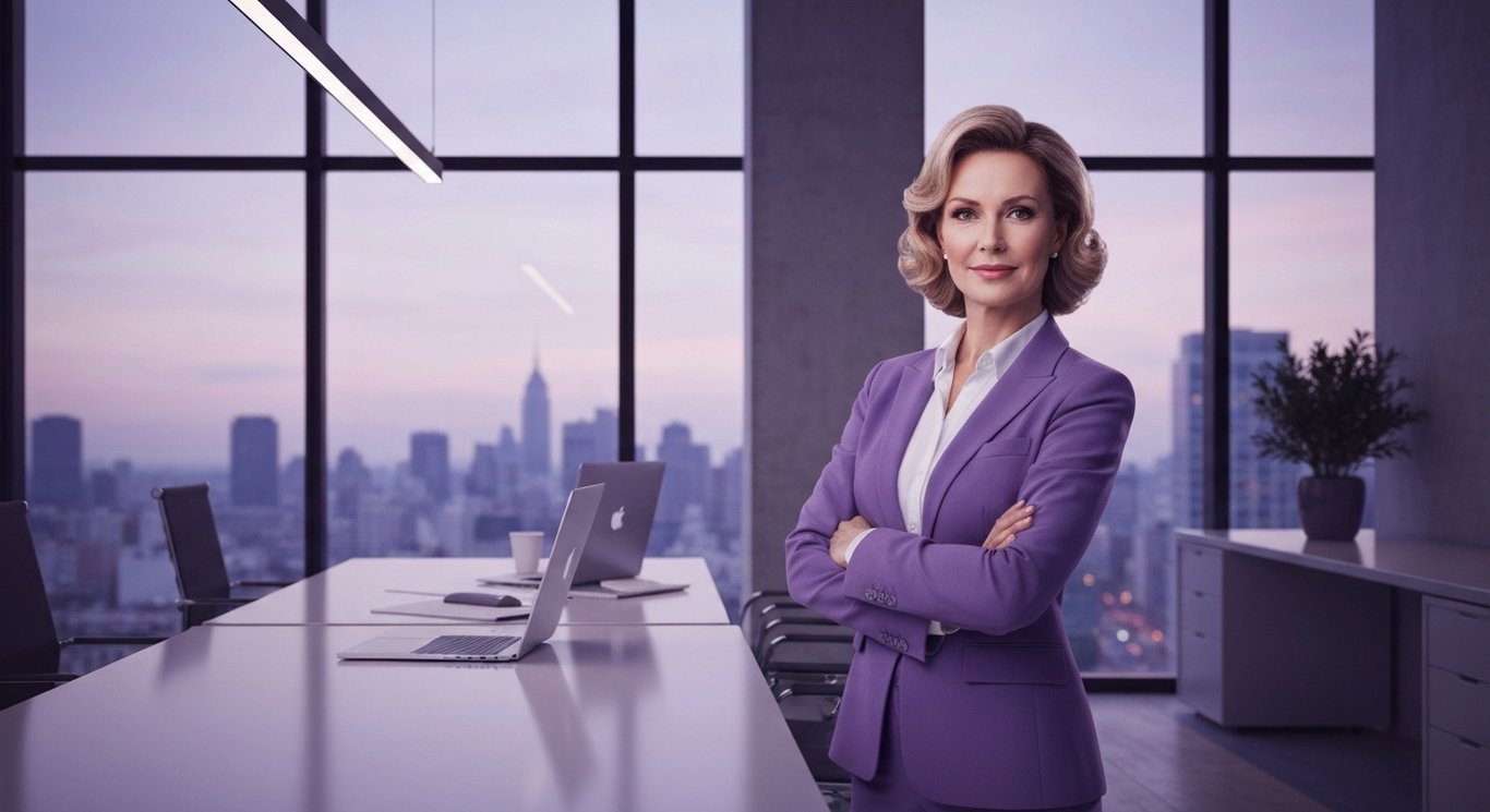 Business executive stands in a modern office with a city skyline visible through large windows, bathed in a purple hue