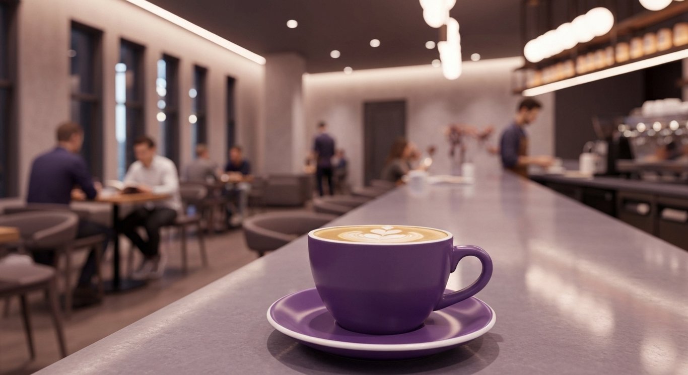 Coffee cup on a modern café counter with relaxed patrons and a barista in the background
